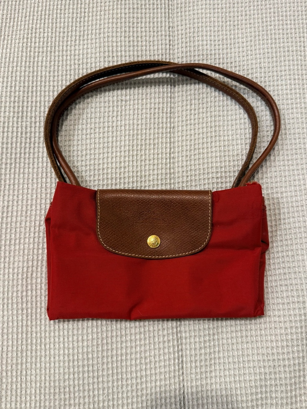 Longchamp Classic Red Shoulder Bag with Brown Leather Flap